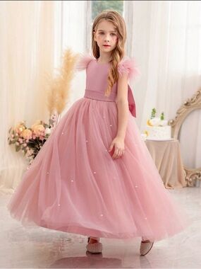 Pink Tulle Party Dress for Girls - Elegant Bow & Pearl Accent